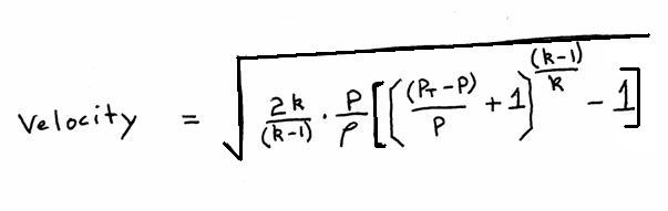 velocity equals the square root of the quantity 2 times k divided by the quantity k minus 1 time P divided by rho times the quantity r where r is ...