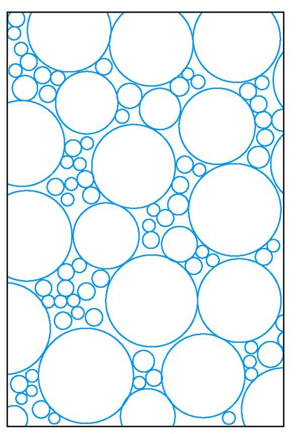 In this two-dimensional schematic we see that filing the volume of concrete with aggregate is aided by a wide particle-size distribution. The smaller particles fill spaces between  larger ones.
