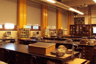 Science 45 labroom looking across the tables toward the southeast wall towards the dinosaur footprints.