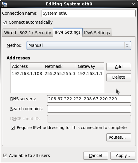 network connection panel showing settings for eth0
