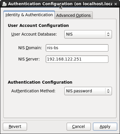 Authentication Control Panel with NIS selected