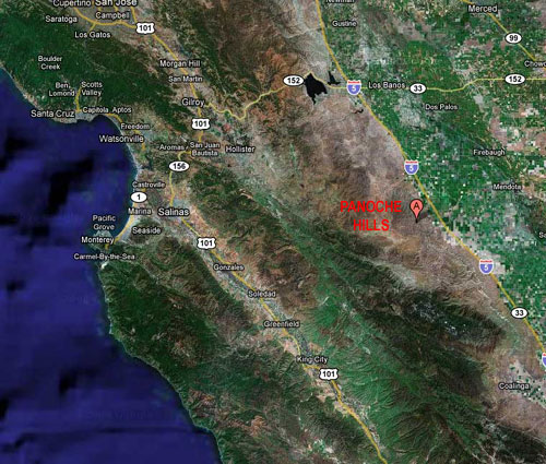 Map of California showing the location of the Panoche Hills