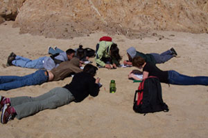 Students studying sand at the beach.