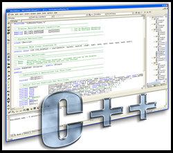 picture of a computer screen with C++ code
                        and the big letters C++ in front of it