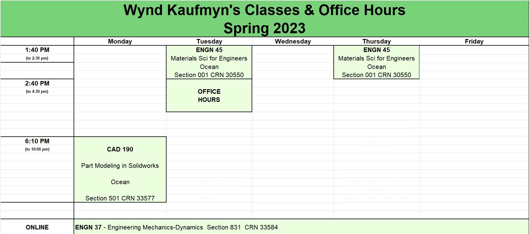 Wynd's schedule of classes
